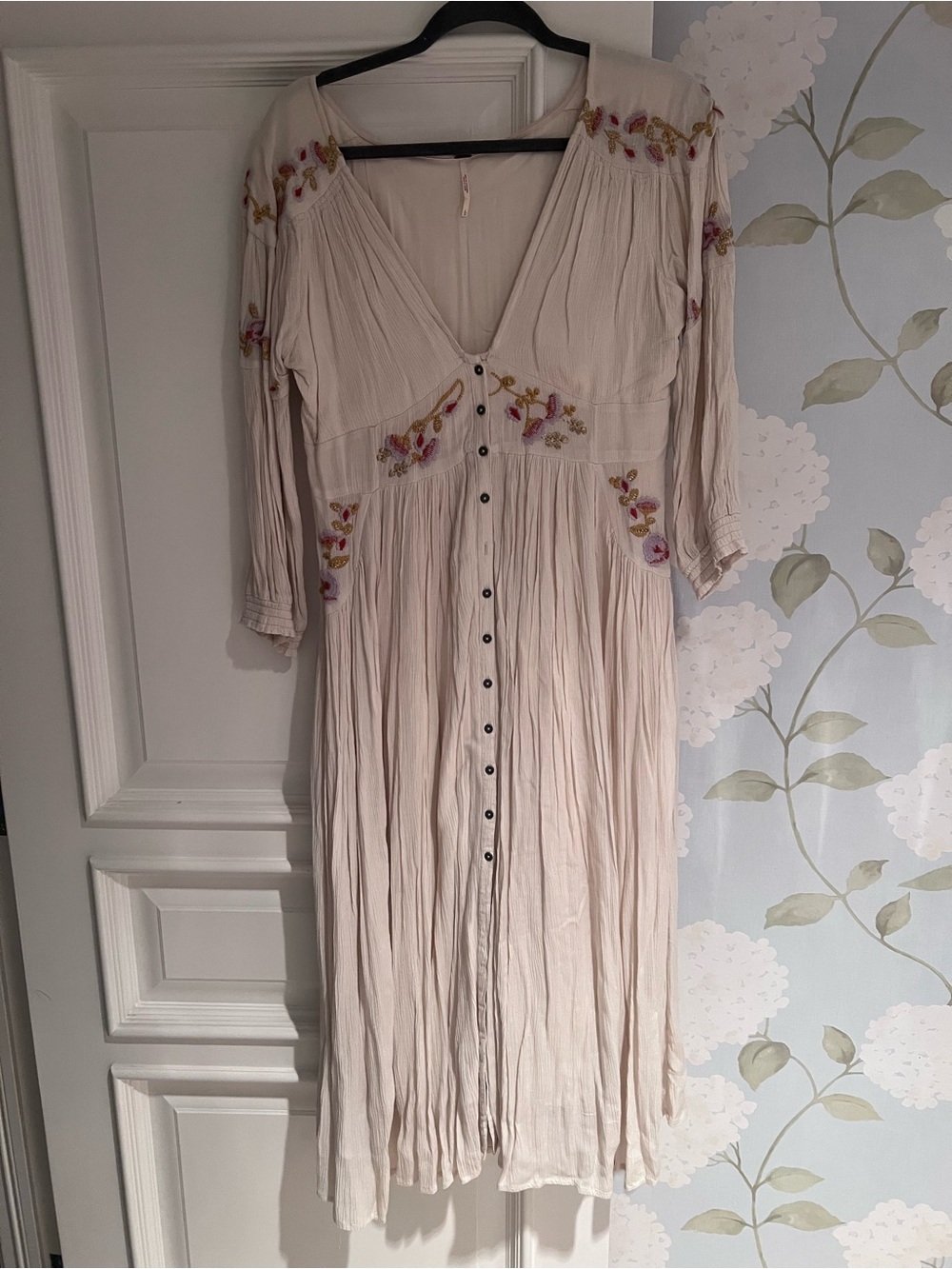 Free People Ivory Embroidered Button Midi Dress